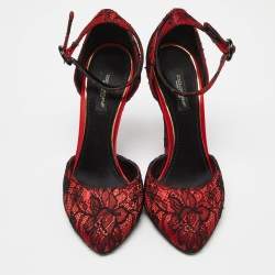 Pre Owned Dolce & Gabbana Red Lace Ankle Strap Sandals Size 37