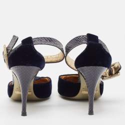 Dolce & Gabbana Navy Blue Velvet And Python Ankle Strap Sandals Size 36