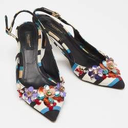 Pre Owned Dolce & Gabbana Multicolor Fabric Crystal Embellished Slingback Pumps Size 38