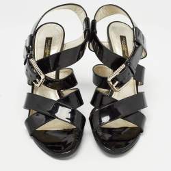 Dolce & Gabbana Black Patent Leather Ankle Strap Sandals Size 38.5