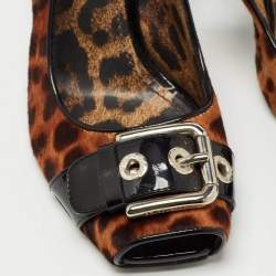 Pre Owned Dolce & Gabbana Brown/Black Leopard Calf Hair and Patent Open Toe Slingback Pumps Size 37