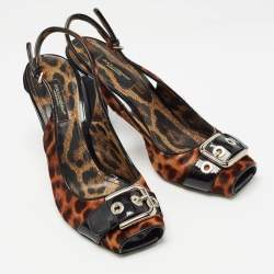Pre Owned Dolce & Gabbana Brown/Black Leopard Calf Hair and Patent Open Toe Slingback Pumps Size 37