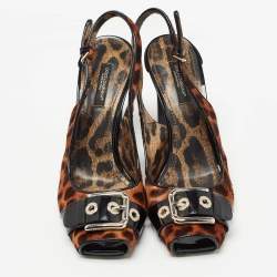 Pre Owned Dolce & Gabbana Brown/Black Leopard Calf Hair and Patent Open Toe Slingback Pumps Size 37
