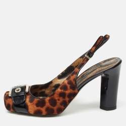Pre Owned Dolce & Gabbana Brown/Black Leopard Calf Hair and Patent Open Toe Slingback Pumps Size 37