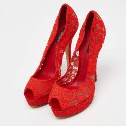 مملوكة مسبقًا Dolce & Gabbana Red Lace And Satin Peep Toe Platform Pump Size 40