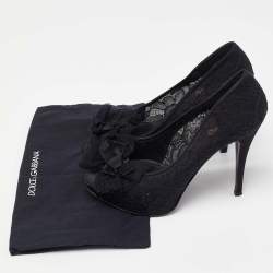 Dolce & Gabbana Black Floral Lace Bow Platform Peep Toe Pumps Size 40