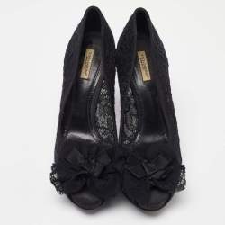 Dolce & Gabbana Black Floral Lace Bow Platform Peep Toe Pumps Size 40