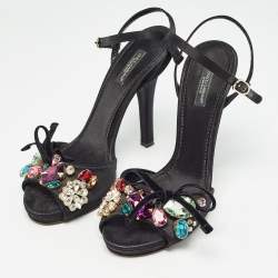 Dolce & Gabbana Black Satin Crystal Embellished Ankle Strap Sandals Size 37