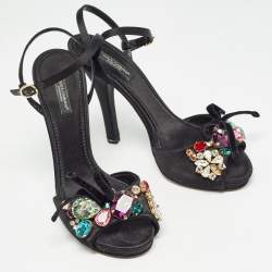 Dolce & Gabbana Black Satin Crystal Embellished Ankle Strap Sandals Size 37