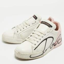 Dolce & Gabbana White/Pink Leather and Patent Portofino Sneakers Size 38