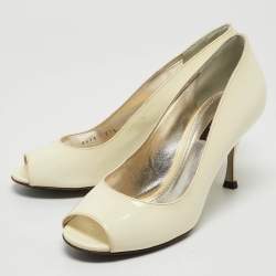 Dolce & Gabbana Cream Patent Leather Open Toe Pumps Size 37.5
