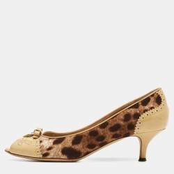 Pre Owned Dolce & Gabbana Brown Leopard Print Canvas Patent Leather Peep Toe Pumps Size 39