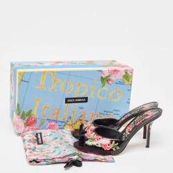 Pre Owned Dolce & Gabbana Black Leather Rose Print Slide Sandals Size 37