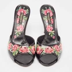 Pre Owned Dolce & Gabbana Black Leather Rose Print Slide Sandals Size 37
