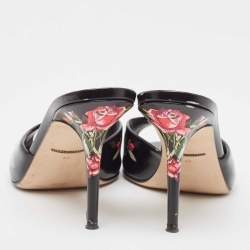 Pre Owned Dolce & Gabbana Black Leather Rose Print Slide Sandals Size 37