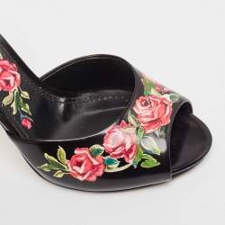 Pre Owned Dolce & Gabbana Black Leather Rose Print Slide Sandals Size 37