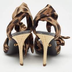 Pre Owned Dolce & Gabbana Brown/Black Leopard Print Satin Ankle Tie Sandals Size 37