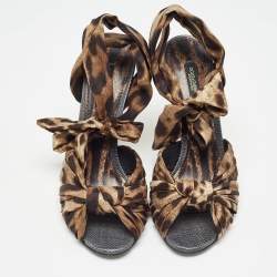 Pre Owned Dolce & Gabbana Brown/Black Leopard Print Satin Ankle Tie Sandals Size 37