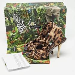 Pre Owned Dolce & Gabbana Brown/Black Leopard Print Satin Ankle Tie Sandals Size 37