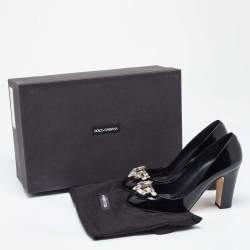Pre Owned Dolce & Gabbana Black Patent Leather Crystal Embellished Block Heel Pumps Size 36.5