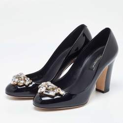 Pre Owned Dolce & Gabbana Black Patent Leather Crystal Embellished Block Heel Pumps Size 36.5