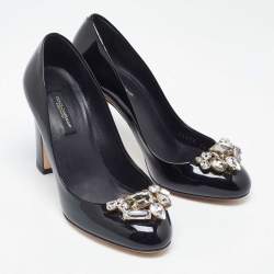 Pre Owned Dolce & Gabbana Black Patent Leather Crystal Embellished Block Heel Pumps Size 36.5