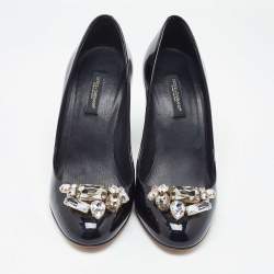Pre Owned Dolce & Gabbana Black Patent Leather Crystal Embellished Block Heel Pumps Size 36.5