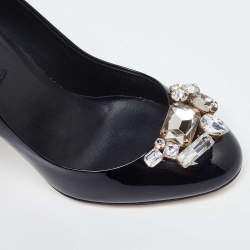 Pre Owned Dolce & Gabbana Black Patent Leather Crystal Embellished Block Heel Pumps Size 36.5
