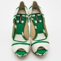 Dolce & Gabbana White/Green Canvas Peep Toe Pumps Size 37
