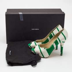 Dolce & Gabbana White/Green Canvas Peep Toe Pumps Size 37