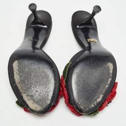 Pre Owned Dolce & Gabbana Black Satin Flower and Crystal Embellished Mules Size 38 