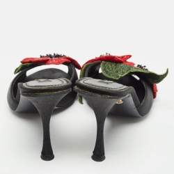 Pre Owned Dolce & Gabbana Black Satin Flower and Crystal Embellished Mules Size 38 