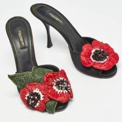 Pre Owned Dolce & Gabbana Black Satin Flower and Crystal Embellished Mules Size 38 