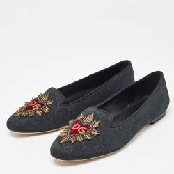 Pre Owned Dolce & Gabbana Black Jacquard Fabric Embellished DG Heart Smoking Slippers Size 37