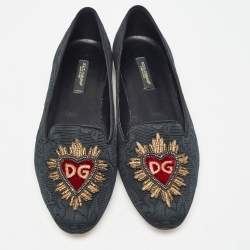 Pre Owned Dolce & Gabbana Black Jacquard Fabric Embellished DG Heart Smoking Slippers Size 37