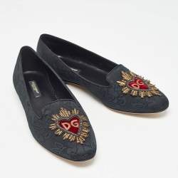Pre Owned Dolce & Gabbana Black Jacquard Fabric Embellished DG Heart Smoking Slippers Size 37