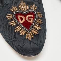 Pre Owned Dolce & Gabbana Black Jacquard Fabric Embellished DG Heart Smoking Slippers Size 37