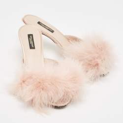 Pre Owned Dolce & Gabbana Pink Satin Feather Detail Slide Sandals Size 37