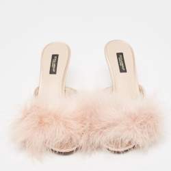 Pre Owned Dolce & Gabbana Pink Satin Feather Detail Slide Sandals Size 37