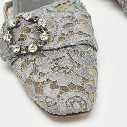 Dolce & Gabbana Grey Lace Crystals Embellished Flat Mules Size 37