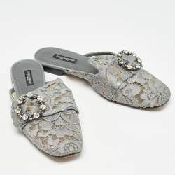 Dolce & Gabbana Grey Lace Crystals Embellished Flat Mules Size 37