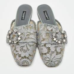 Dolce & Gabbana Grey Lace Crystals Embellished Flat Mules Size 37