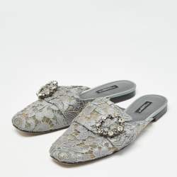 Dolce & Gabbana Grey Lace Crystals Embellished Flat Mules Size 37