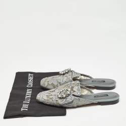 Dolce & Gabbana Grey Lace Crystals Embellished Flat Mules Size 37