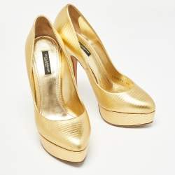 Dolce & Gabbana Gold Lizard Embossed Leather Platform Pumps Size 39