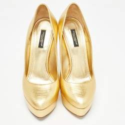 Dolce & Gabbana Gold Lizard Embossed Leather Platform Pumps Size 39