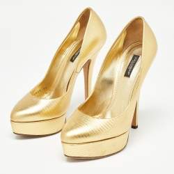 Dolce & Gabbana Gold Lizard Embossed Leather Platform Pumps Size 39