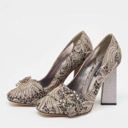 Pre Owned Dolce & Gabbana Silver/Beige Jacquard Floral Crystal Pumps  Size 37
