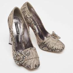 Pre Owned Dolce & Gabbana Silver/Beige Jacquard Floral Crystal Pumps  Size 37