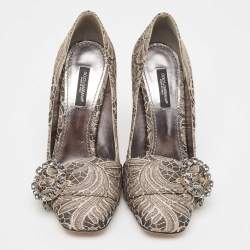 Pre Owned Dolce & Gabbana Silver/Beige Jacquard Floral Crystal Pumps  Size 37